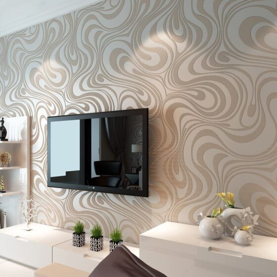 HANMERO Minimalist Abstract Curves Glitter 3D Wallpaper Cream White and Taupe - Homesbrand