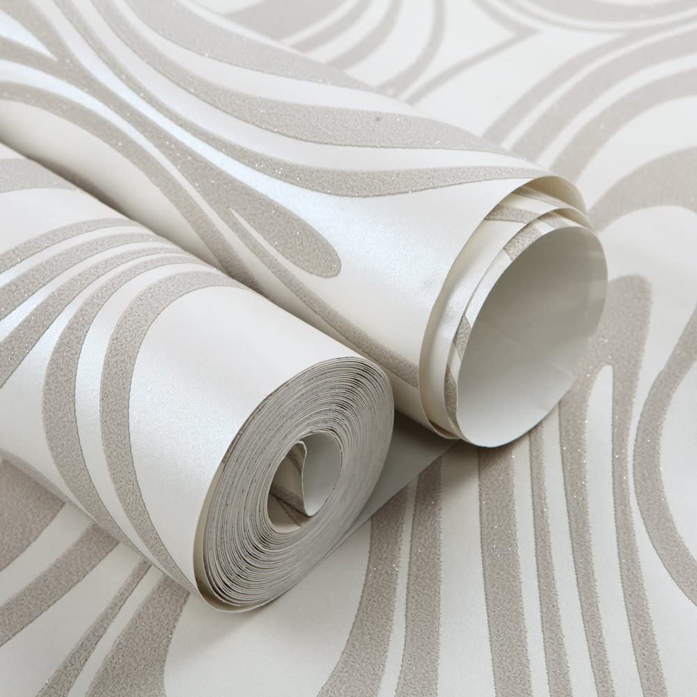 HANMERO Minimalist Abstract Curves Glitter 3D Wallpaper Cream White and Taupe - Homesbrand