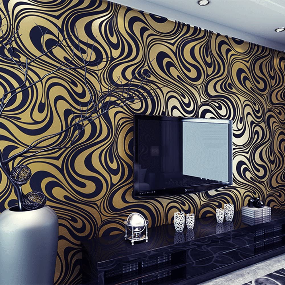 Hanmero Minimalist Abstract Curves Glitter 3D Wallpaper Gold&Black - Homesbrand