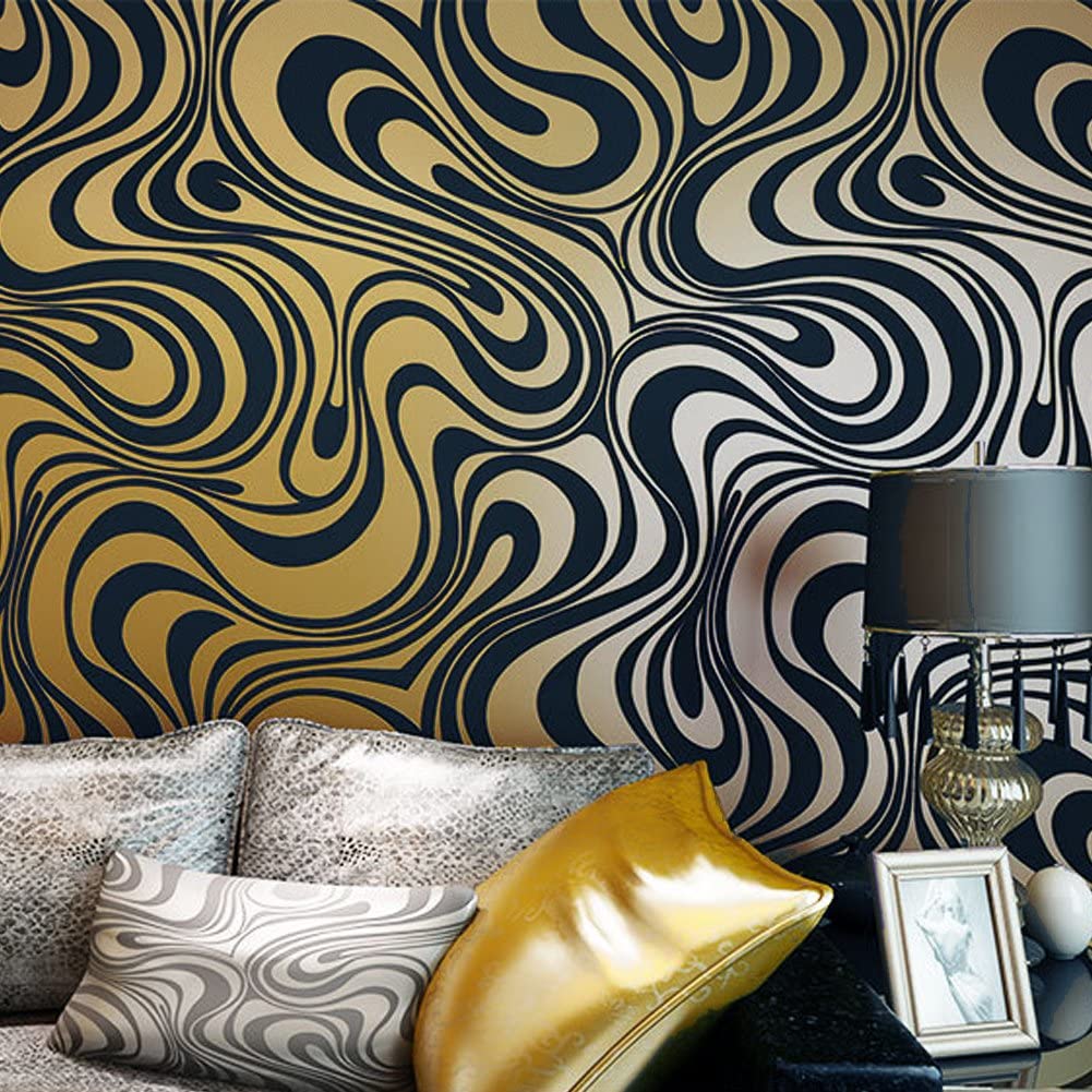 Hanmero Minimalist Abstract Curves Glitter 3D Wallpaper Gold&Black - Homesbrand