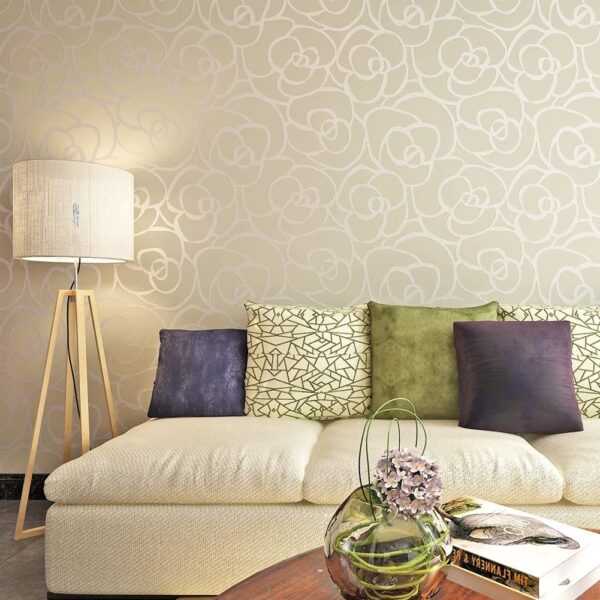 Hanmero Romantic Rose 3D Flower Pattern Embossed Flocking Wallpaper Silver